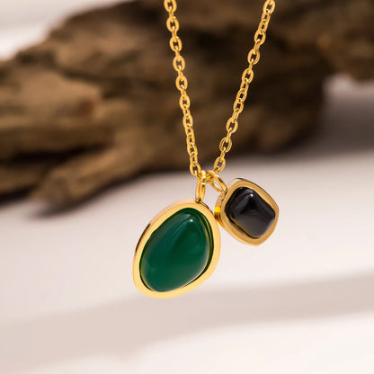 Emerald & Black Gemstone Double Pendant Necklace 💎✨