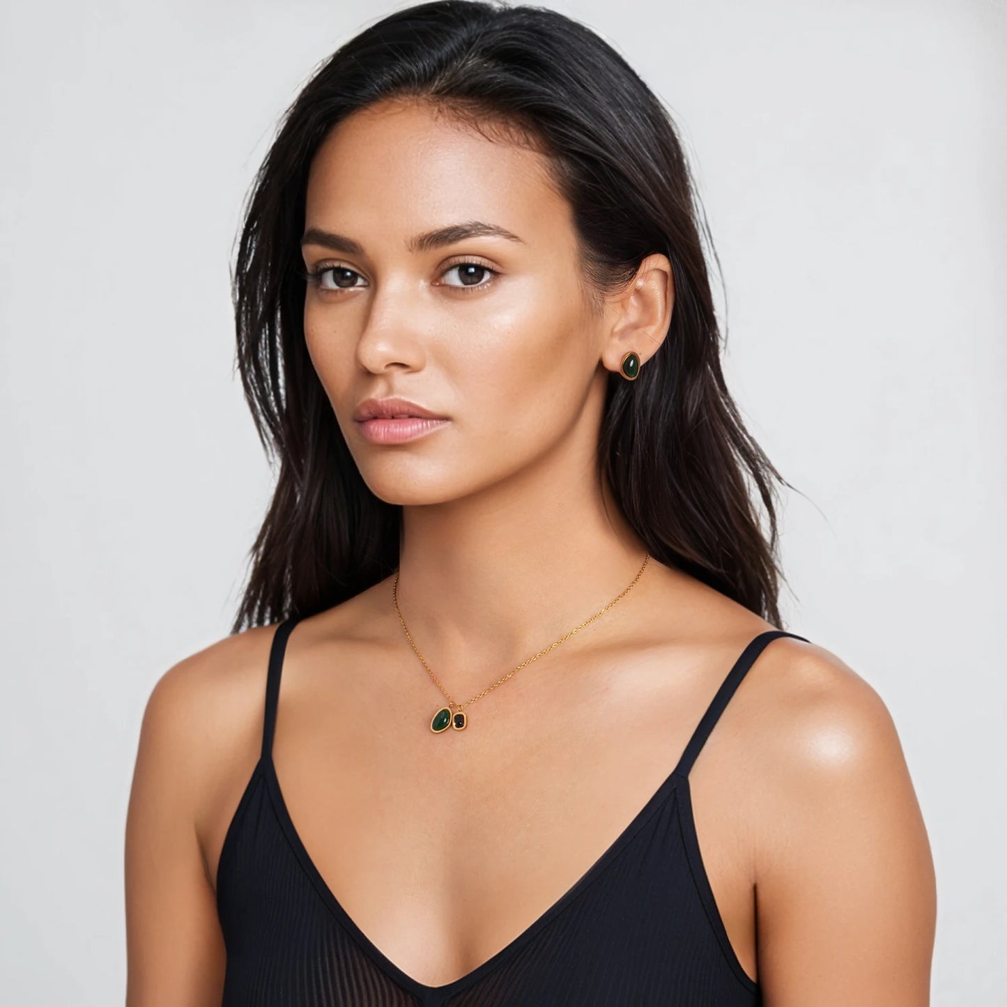 Emerald & Black Gemstone Double Pendant Necklace 💎✨