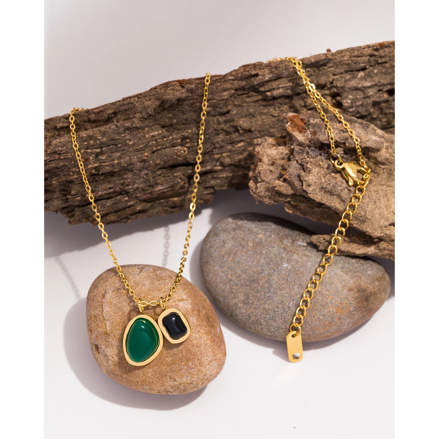 Emerald & Black Gemstone Double Pendant Necklace 💎✨