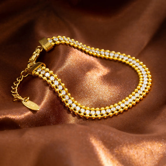 Triple Row Bracelet ✨CZ stones center row, 18K gold-plated stainless steel 💫.